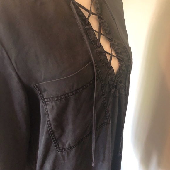 Free People slate colored, long sleeve blouse with lace up neckline - Picture 10 of 11